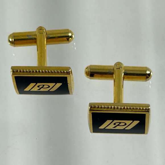 Vintage Cufflinks Black Gold Tone Letter P Square Wedding Prom Cuff Links - Picture 2 of 8